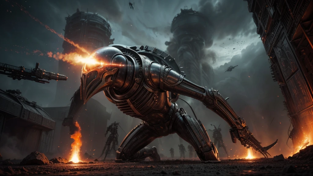 (((MÁQUINAS DE COMBATE DE CARVED STEEL))) (((INCREDIBLE R STYLE COMBAT PIECE. h. Giger ))), ((CARVED STEEL), (DEPTH OF FIELD IN FORCED PERSPECTIVE VIEW FROM BELOW OF ALIEN WAR STRAIGHT BIOMECHANICS disgusting alien biology biomechanics) biomechanical alien, unknown, extraterrestrial biology on unknown planet, HEAVY atmosphere with dust particles suspended in the air red - orange WITH SULFUR
