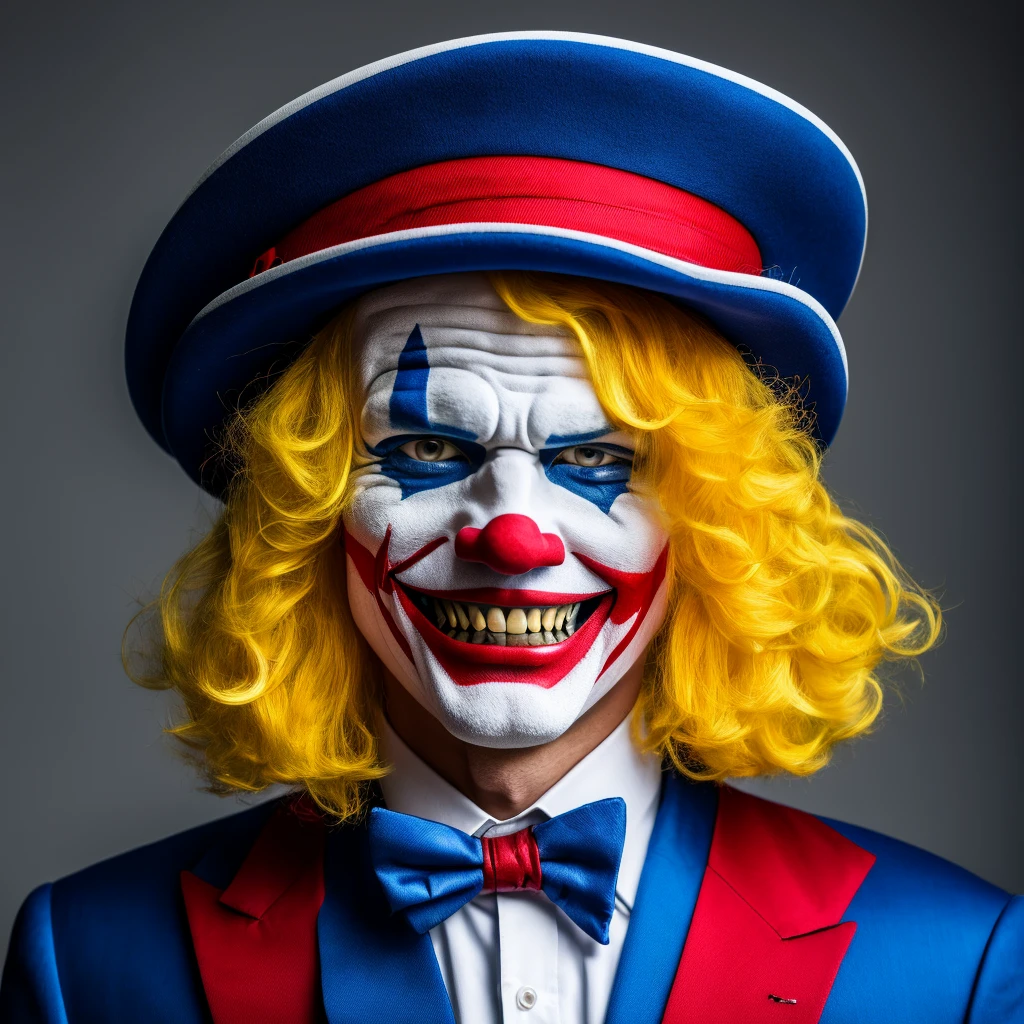 映画Jokerのような,hair is yellow,Hats come in three colors,Realな人間,Illustration is different,clown,Joker,Face white,Cross painted on eyes,Yellow hair,Three-color hat,whole body,4K,high resolution,uncle,Real,Real Humans,Man in his 40s,The hat is white, blue and red,Star-patterned clothing,White gloves,Big red paint on mouth,The hat is white, red and blue,whole bodyは青と赤と白