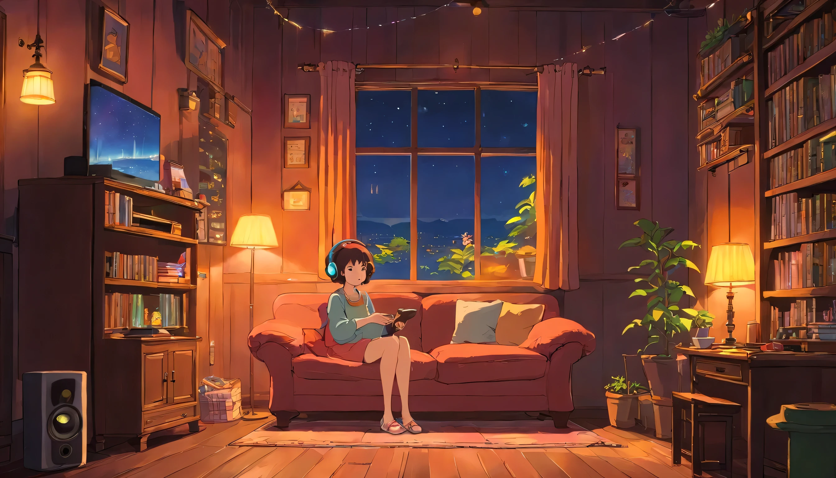 Girl listening to music in a cozy room at night, Using headphones, 2D style anime, Lo-fi, hard disk, Dark environment