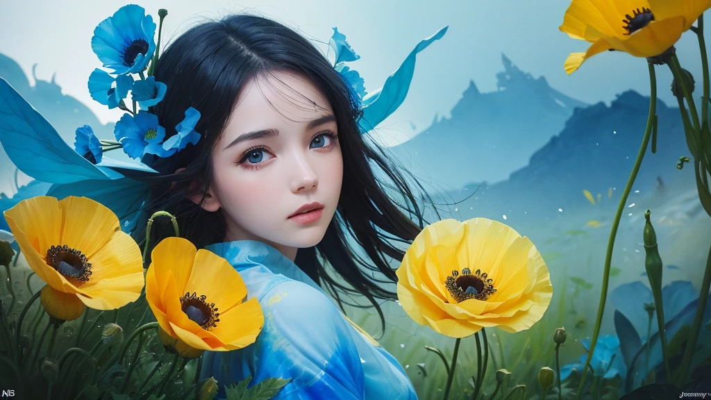 32k, Masterpiece, Highest quality, One girl, Detailed eyes, flower,Iceland Poppy, Blue and yellow style,A dreamy, romantic piece,Pale yellow, Mysterious Leaves,A playful arrangement,Fantasy,High Contrast,Ink strokes,explosion,Exposure, Impression of blue and yellow tones,Abstract,((Watercolours by John Berkey and Jeremy Mann )) Brush strokes,Negative Space, Tyndall effect,