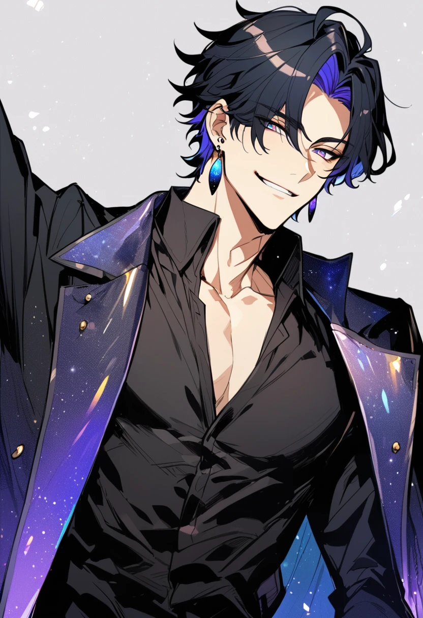 a handsome young man, he wears galaxy colored earrings, he looks so mysterious, he was dressed in a black shirt with his black coat hanging over his shoulders. he smiled a small smirk. Manhwa style.   
