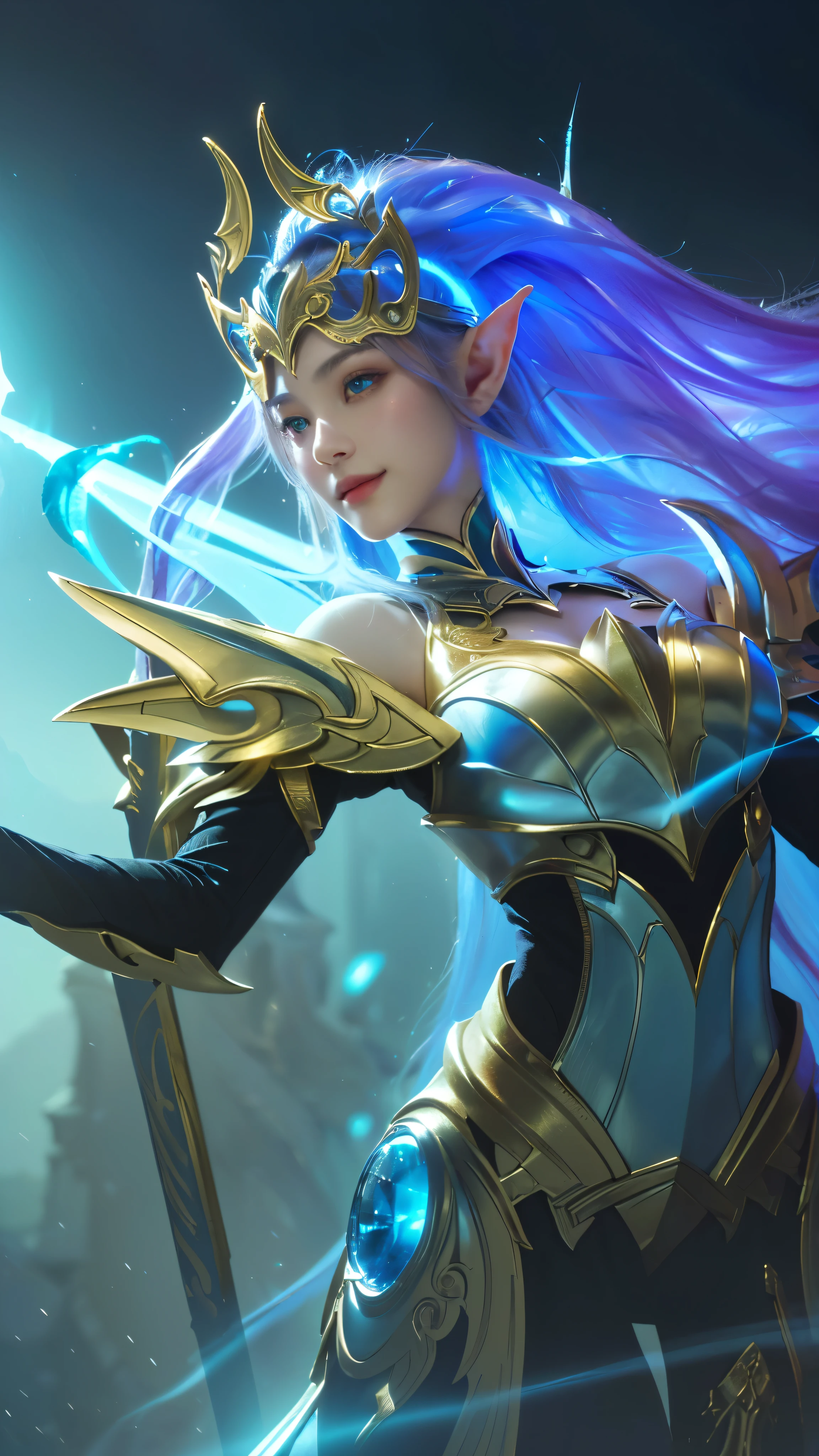 a close up portrait of a beautiful woman with captivating eyes and delicate features, ethereal elf princess knight in a mystical space setting, gentle smile, intricate armor details, volumetric lighting, highly detailed, 8K, hyper realistic, cinematic, award winning digital art, dramatic color palette, dramatic chiaroscuro lighting