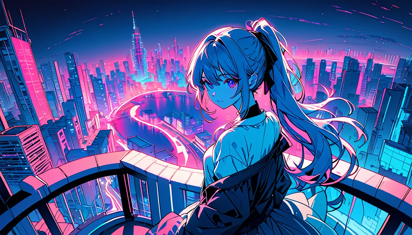 masterpiece,Highest quality,1 Synthwave girl,Blue outline,Neon cityscape,Blue fluorescent paint,solo,From above,Cowboy Shot,Rooftop of a building,Highly detailed CG,Flat Color,Limited palette,Line art,silhouette,Partially colored,Alternate Color,Dynamic Angle,Water hair long hair、Blue long upper champagne,Dark purple shadow,Synth Wave,chromatic aberration,(soloフォーカス)、Perfect Shadow、Wearing an off-the-shoulder floating jacket、Delicate face、、Beautiful and delicate eyes、Delicate background、Blue Neon Light、night、
