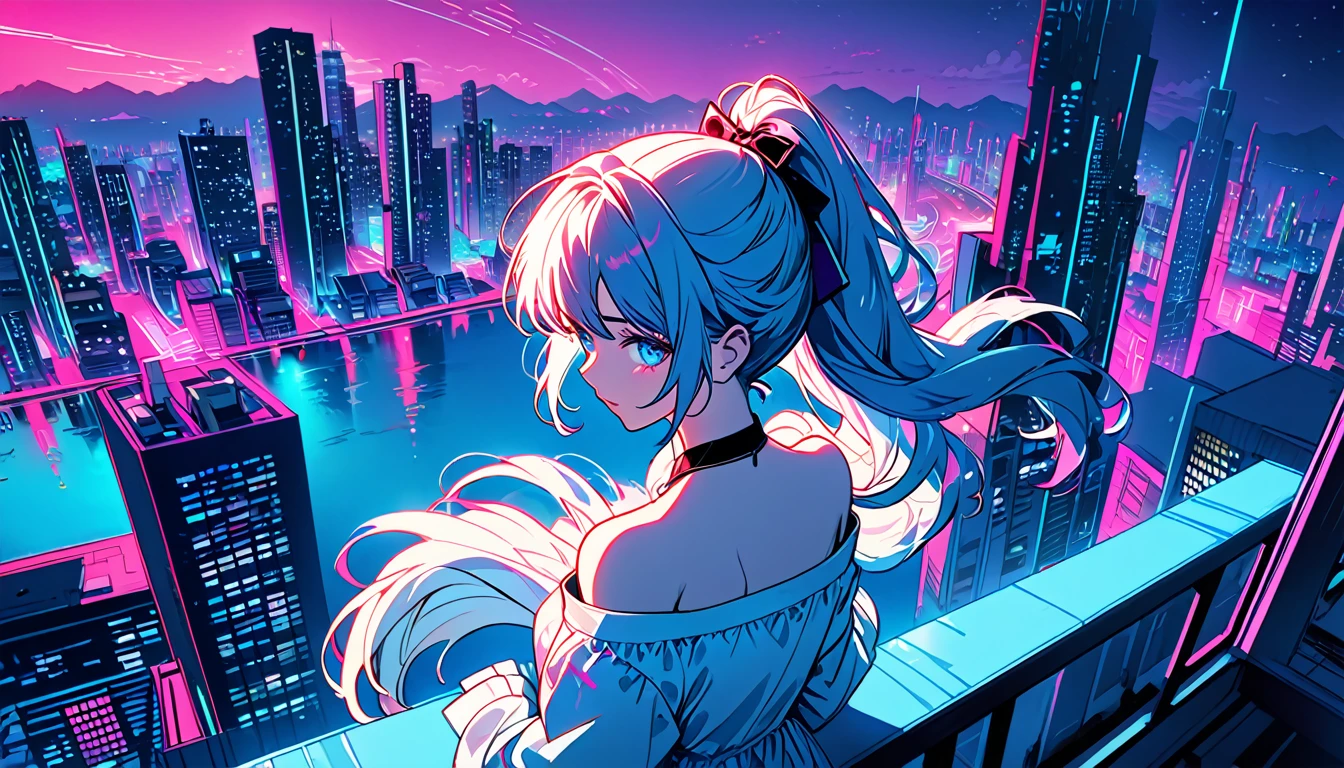 masterpiece,Highest quality,1 Synthwave girl,Blue outline,Neon cityscape,Blue fluorescent paint,solo,From above,Cowboy Shot,Rooftop of a building,Highly detailed CG,Flat Color,Limited palette,Line art,silhouette,Partially colored,Alternate Color,Dynamic Angle,Water hair long hair、Blue long upper champagne,Dark purple shadow,Synth Wave,chromatic aberration,(soloフォーカス)、Perfect Shadow、Wearing an off-the-shoulder floating jacket、Delicate face、、Beautiful and delicate eyes、Delicate background、Blue Neon Light、night、