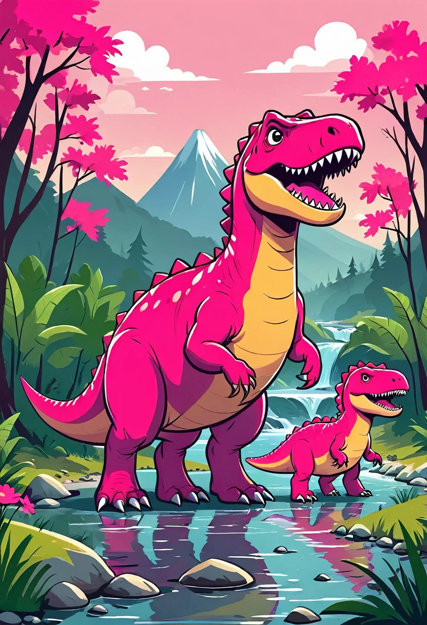 Flat illustration:Cute pink Tyrannosaurus Rex,a family of three,Warm,Creek,