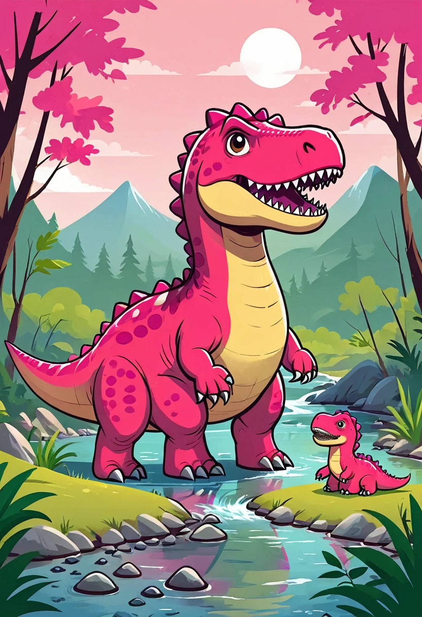 Flat illustration：Cute pink Tyrannosaurus Rex，a family of three，Warm，Creek，