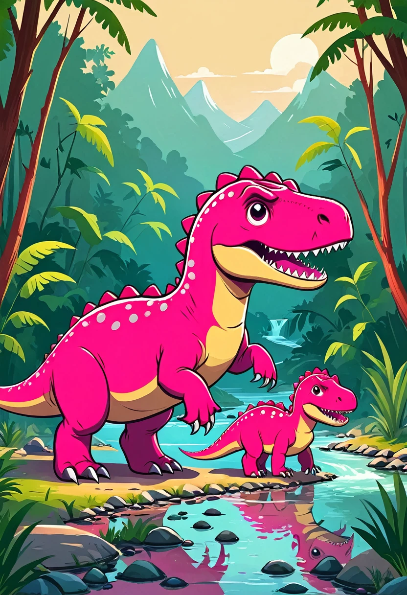 Flat illustration：Cute pink Tyrannosaurus Rex，a family of three，Warm，Creek，