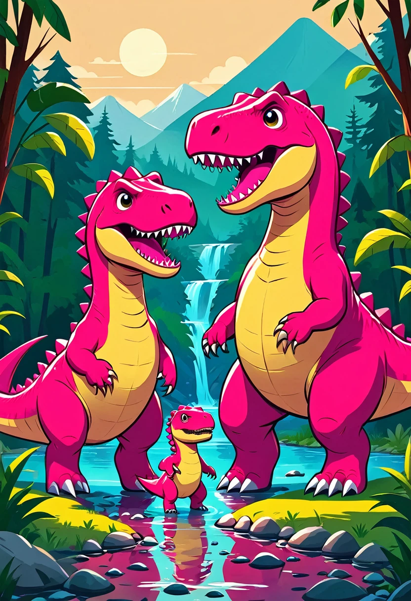 Flat illustration：Cute pink Tyrannosaurus Rex，a family of three，Warm，Creek，