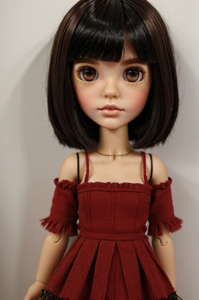 Blythe doll.... Brunette with black eyes with short hair with fringes and red color