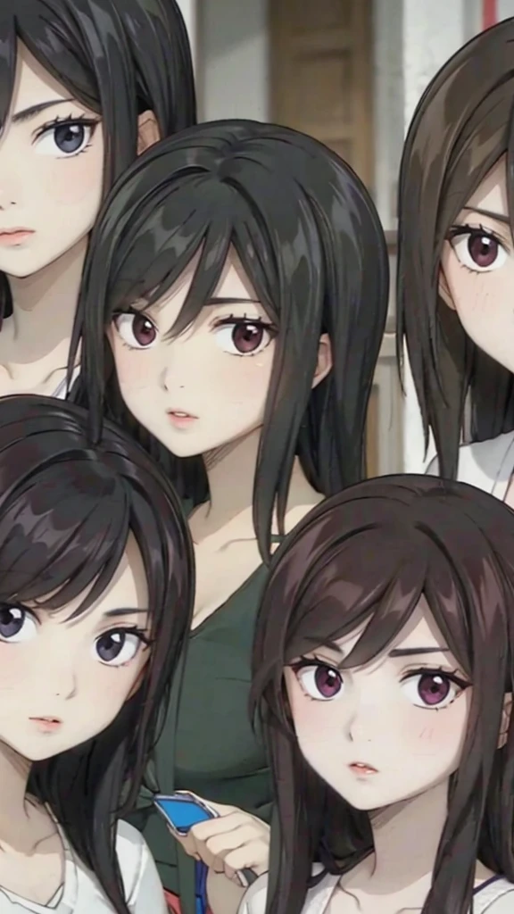 Mom with 4 daughters,perfect ,black hair, long hair, (hair over one eye:1.4), messy hair, hair between eyes, chubby cheek,Sexy lips, pucker lips
