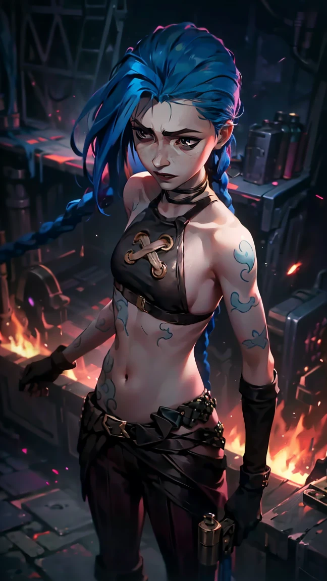 (masterpiece, Best quality), 1 girl, portrait, very sexy, holding a gun in his hand (((round barrel, Short))), full length (full body 1.1.), очень feminine, fighting stance, battle, fire, explosions, burning city, Beautiful waist, gloomy composition, flame, fire, Flash, very beautiful, feminine, long hair, hair braided in long braids, very sexy, tight leather pants, emphasis on the eyes, face accent, Beautiful face, Hands, Hair, Haired ponytail, red purple eyes, Jinx is crying, Blue cloud tattoo, (masterpiece, Best quality), Side lighting, beautiful detailed eyes, crazy face), (Best quality), (masterpiece), magic photography, Spectacular lighting, Photorealism, ultra detailed, интимная portraitная композиция, 1. 4,8 k UHD, aesthetic, Cd., A high resolution, 8 k, better lighting, Best shade, Ultra-HD, A high resolution, sharp focus, Complex background, Cinematic lighting, ((Landscape view)), 4K block, (better lighting), ((Cinematic lighting)),