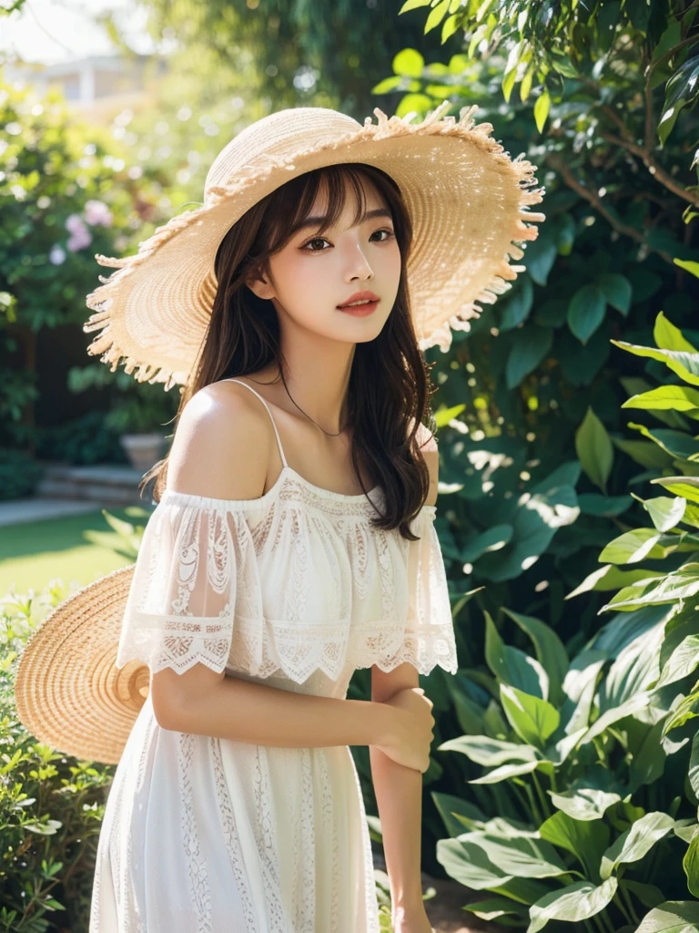 A model in 4K ultra HD quality, 4:3 aspect ratio, wearing a white lace dress and a black mask, with a straw hat, light breeze blowing, standing in a lush garden with sunlight streaming onto her shoulders, fresh and natural vibe