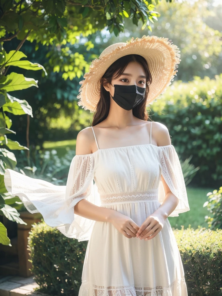 A model in 4K ultra HD quality, 4:3 aspect ratio, wearing a white lace dress and a black mask, with a straw hat, light breeze blowing, standing in a lush garden with sunlight streaming onto her shoulders, fresh and natural vibe