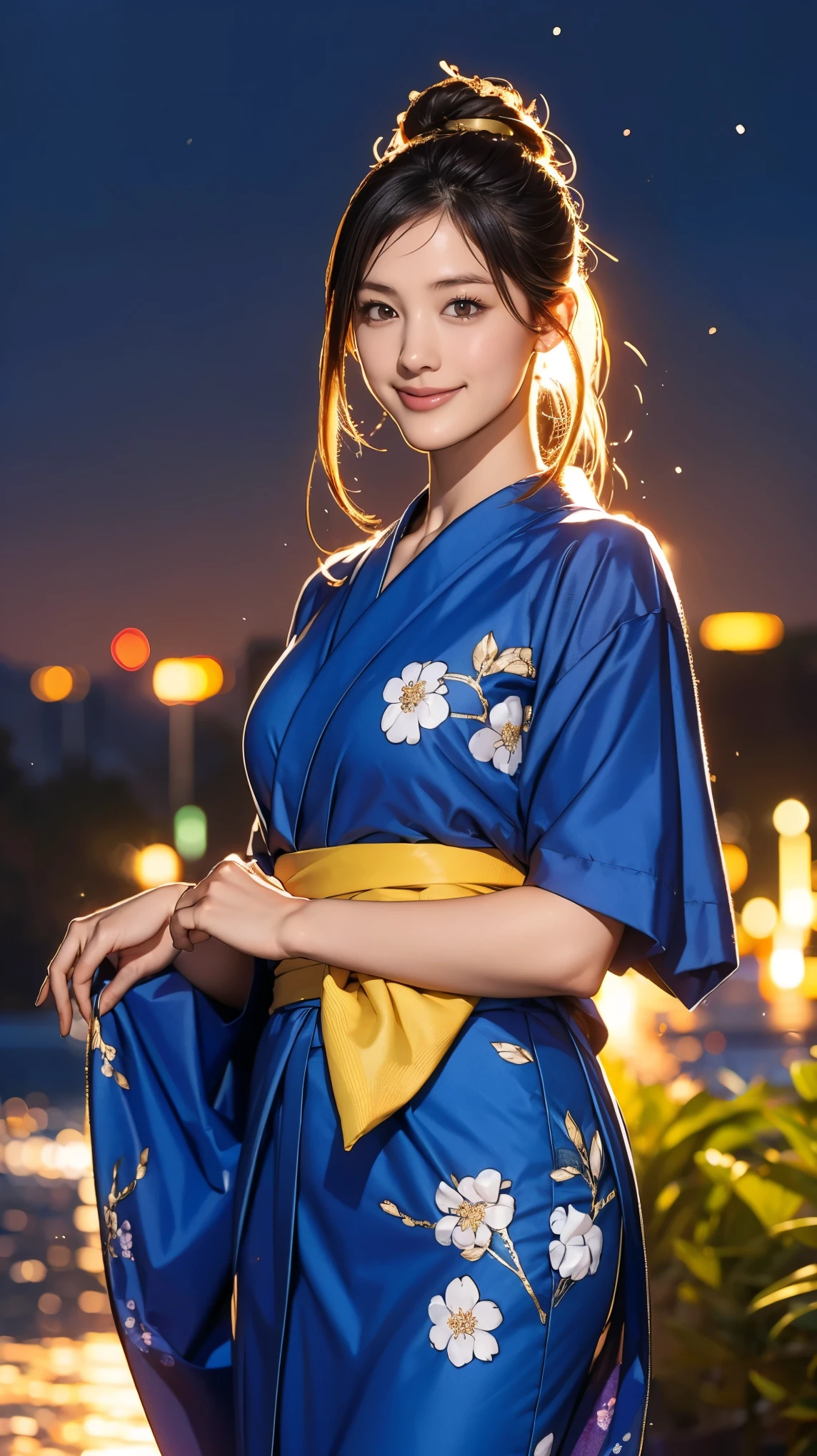 ((masterpiece)),(((Highest quality))),((Character design sheet)),Thin thighs,Long legs,((woman, alone, Long Hair)),Innocent look, Bare arms, Expose your shoulders, Gold and silver see-through dress,Golden Hair,The best smile,((masterpiece)),(((Highest quality))),((Character design sheet)),A Japanese yukata with a bright floral and flower pattern in a combination of light blue and navy blue.:1.5,Stylish sandals:1.5,The best smile:1.5,Upper Body Shot:1.5,Night fireworks background:1.5,Flashy makeup with red eyeshadow:1.5,Bun Hair:1.5,