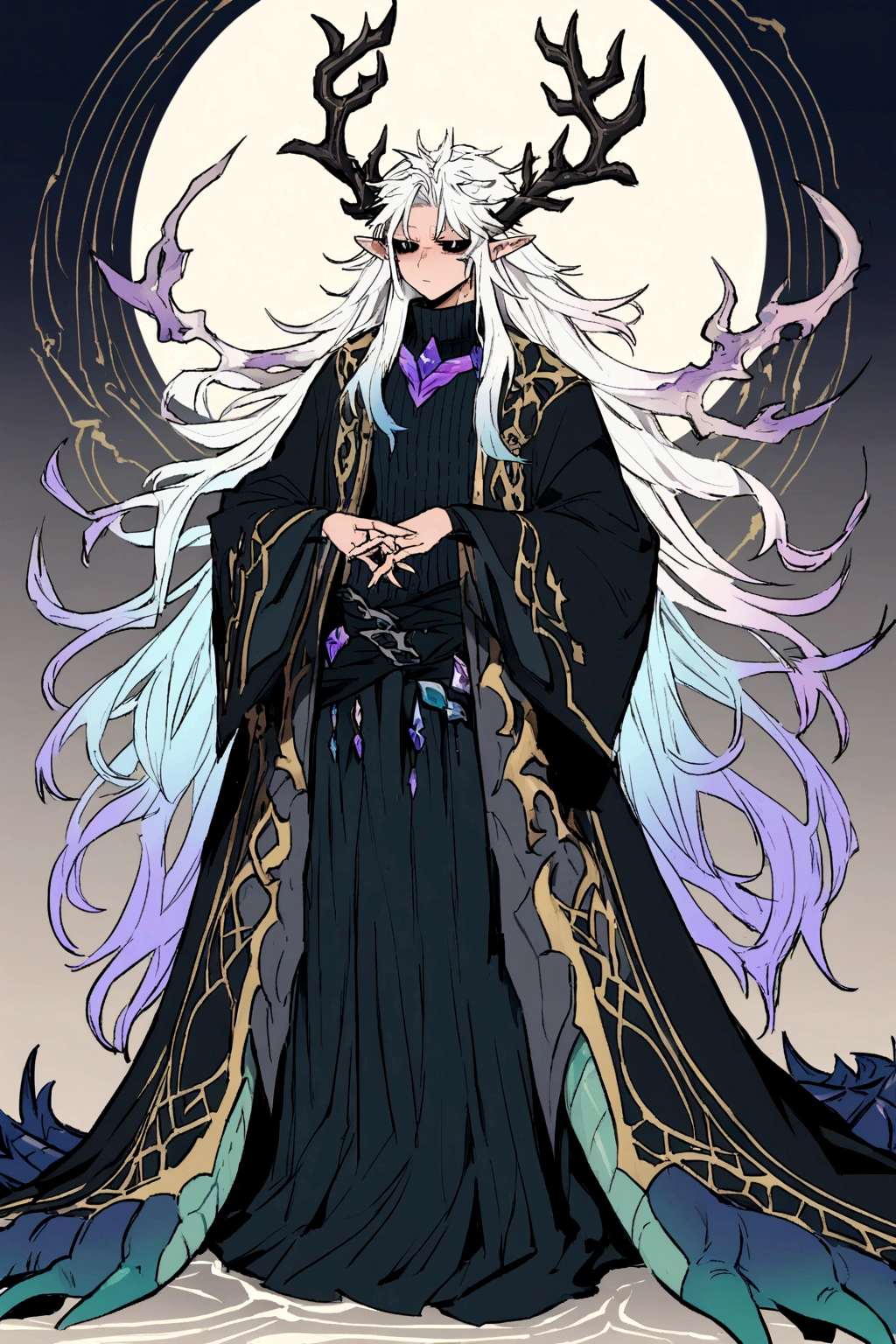 Solo, male teen, Character fusion: Nibelung fused with nidhoggr, odin and sun wukong, tall tanned man with wild unruly white hair, bangs on face, bangs, ((iridescent irises)), black sclera on eyes, long voluminous hair, spiky hair, pointy ears, fit , clawed fingers, dragon tail, open haori, turtleneck tanktop, dark crystal antlers, exhausted expression, khaenr'ah abyss, draconic person, calamity incarnate, full body