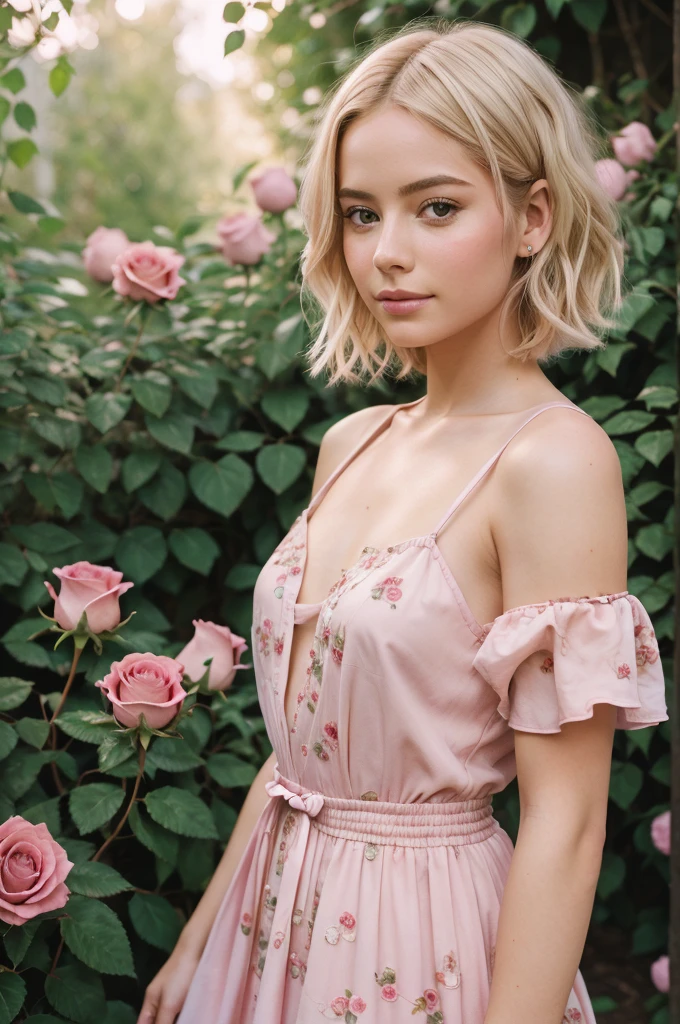 8k, RAW photo, Fujifilm, style photo of a beautiful young woman as avril in a garden of light pink roses (highly detailed skin: 1.2) Style-Petal BREAK short hair, blonde hair with colored locks, wearing a dress, film granulation, 35mm, cute style