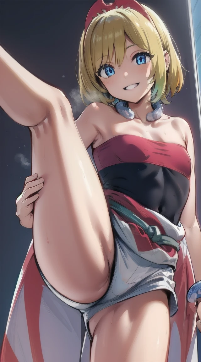 1girl,
BREAK ((aairida, short hair, red hairband, neck ring, collar, strapless shirt, red shirt, bracelet, sash, waist cape, white shorts, bare legs:1))
BREAK ((smiling,standingleg up ,flat chests,:1.6))
BREAK indoors,
BREAK looking at viewer,
BREAK (masterpiece:1.2), best quality, high resolution, unity 8k wallpaper, (illustration:0.8), (beautiful detailed eyes:1.6), extremely detailed face, perfect lighting, extremely detailed CG, (perfect hands, perfect anatomy),