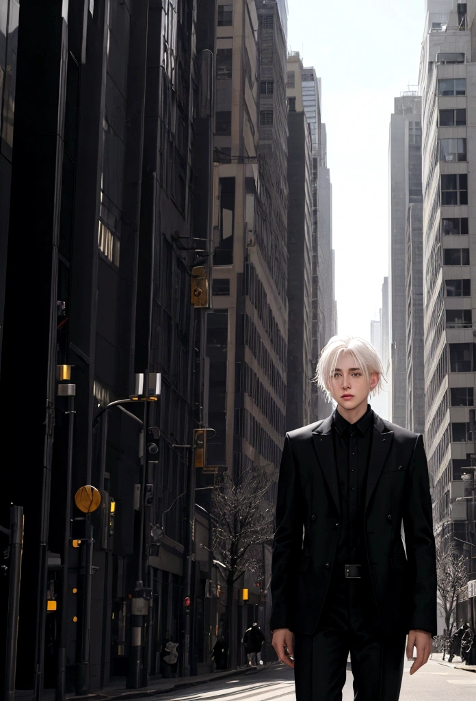 a white-haired young man.                               facing away from the viewer. in the middle of a busy city.black jacket and black trouser.