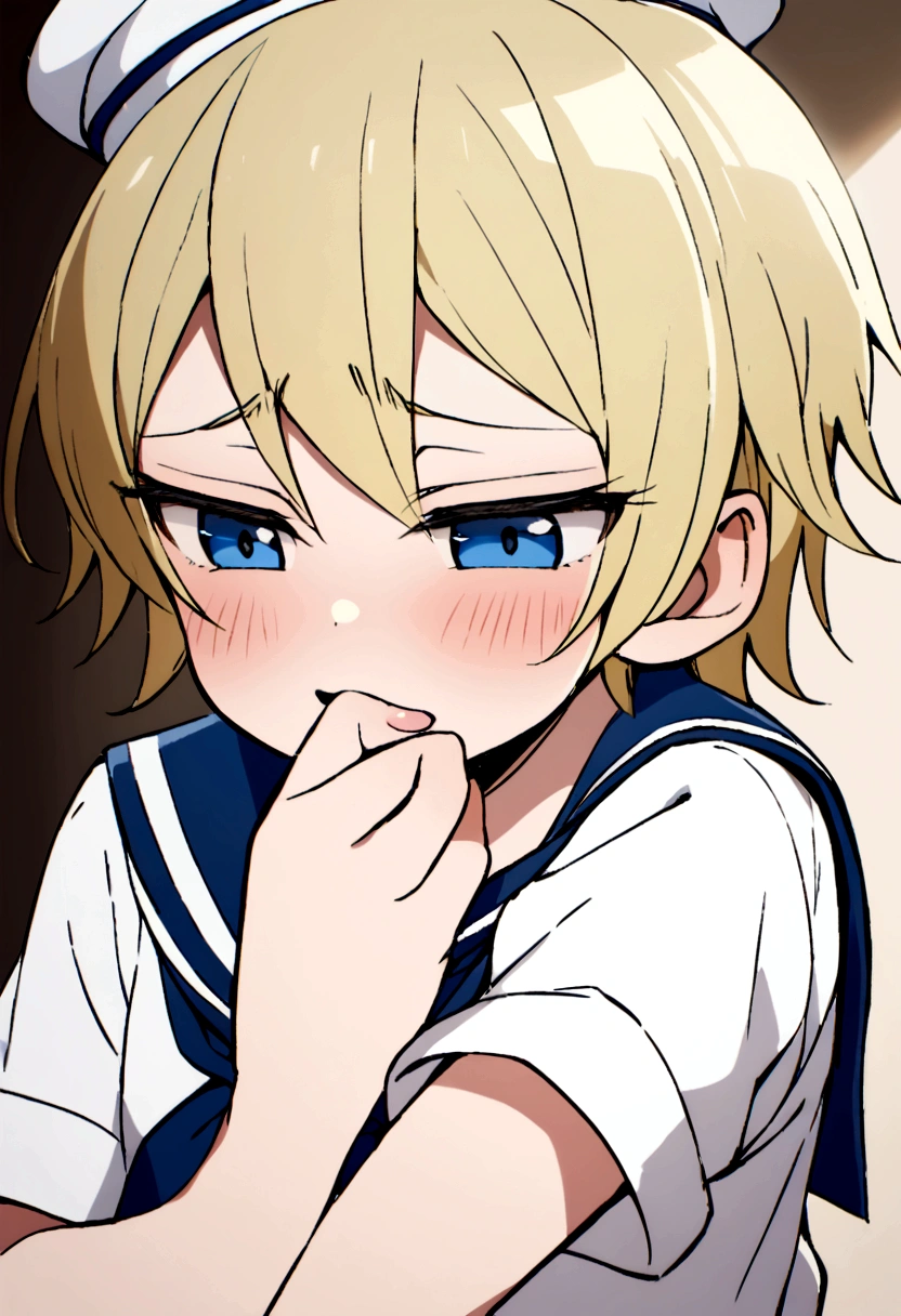 Blonde,wolf cut. Shota, sailor suit, sailor hat, blue eyes, tomboy, Naughty
