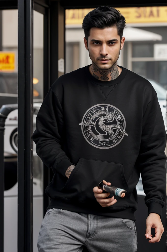 A 27-year-old black-haired man with hazel eyes, somewhat pale and with slight black circles under his eyes, He is wearing a dark gray sweatshirt and black jeans., He has a cigarette in his hand with smoke coming out of it and a tattoo of a snake on his hand.