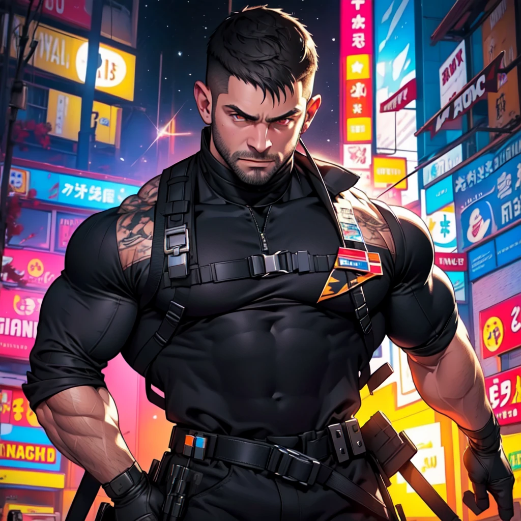 muscular man, thin beard, young, young adult, short hair, Military Haircut, huge, large shoulders, hunk, bara, black shirt, simple shirt, big arms, ((light bokeh)), intricate, elegant, sharp focus, photo by greg rutkowski, soft lighting, vibrant colors, (masterpiece), ((streets)), (detailed face), looking at viewer, orange eyes, glowing eyes, cowboy shot, action pose, half body portrait, thunder storm, ,glitter,neolight ,Contrast Pop Art