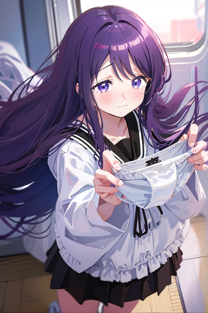 Holding white panties、Black Skirt、Take off the white panties、Smirking face、Blushing、Black Skirt、Light purple hair、Semi-long hair、、Japanese school uniform、schoolgirl、on the train、Strap、、8K,Masterpiece、Light purple hair、Semi-long hair、、Japanese 、、、、、白色のShowing panties、、Blushing、、Showing panties、Pull up your skirt、Blushing、on the train、Strap