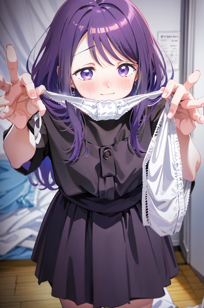 Holding white panties、Black Skirt、Take off the white panties、Smirking face、Blushing、Black Skirt、Light purple hair、Semi-long hair、、Japanese school uniform、girl、on the train、Strap、、８K,Masterpiece、Light purple hair、Semi-long hair、、Japanese 、、、、、白色のShowing panties、、Blushing、、Showing panties、Pull up your skirt、Blushing、on the train、Strap