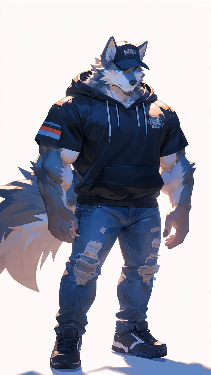 ((Best quality, masterpiece, detailed anatomy, detailed eyes, detailed hands, perfect lighting, perfect shading.)) by Feralise, by Bebebebebe, 1male, Wolf, brown furs, thick curve, dark brown eyes, skinny body, young body, blue tshirt, black pants, black sandals, smirk, tired eyes, on a white background