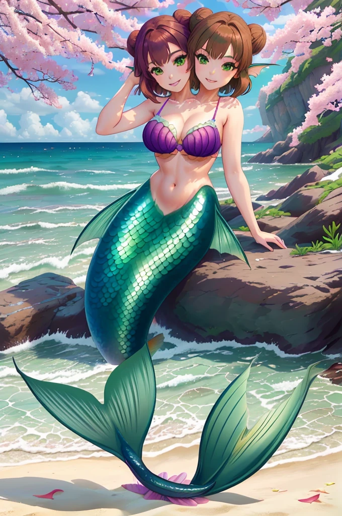 masterpiece, best quality:1.2), 1girl, smile, looking at viewer, green eyes, short brown hair, short green hair, mermaid, mermaid girl, wearing purple seashell bra, sitting on beach, colorful mermaid tail, outdoors, head fins, fin ears, under cherry blossoms, conjoined, (two heads: 1,5), two-headed