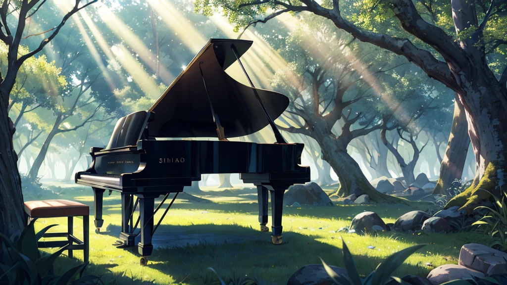 A grand piano placed in front of a large tree、The sunlight filtering through the trees sparkles、Soft Light、There is no one、Only one grand piano、Shinkai Seikaze illustration、A 1000-year-old tree