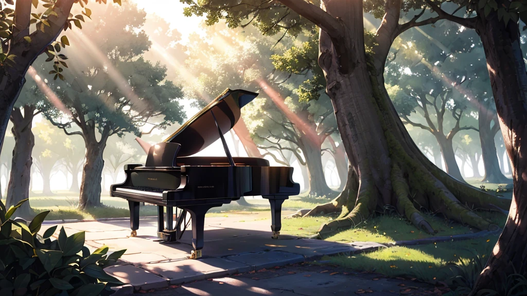 A grand piano placed in front of a large tree、The sunlight filtering through the trees sparkles、Soft Light、There is no one、Only one grand piano、Shinkai Seikaze illustration、A 1000-year-old tree