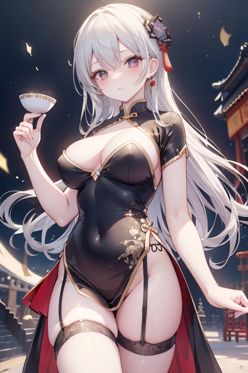 High resolution, adult woman , good lighting, despicable, , (No nudity), (((China dress))), (()), ((())), (garter belt), abdomen only, (), , cute face, I'm embarrassed and blush, humiliating, ((turn around and look back)), ((See-through))()(T-back)(a large amount of is on the body,)