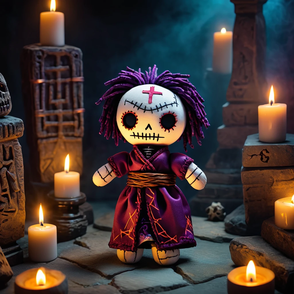 (knitted toy voodoo doll:1.7), (Voodoo in a Mysterious Necropolis:1.3), (Clothing: necromancer's robe with glowing deathly runes:1.0), (Accessories: enchanted staff emitting sparks of necromancy magic, levitating ancient relics:1.1), (background: mystical necropolis with floating ghostly tombstones, glowing crypts, and spectral spirits:1.2), best quality, masterpiece, detailed soft oil painting, detailed background, dramatic cinematic lighting, soft edge lighting, professional, dramatic lighting, hard edge lighting, ultra quality, 4k,masterpiece, best quality, 8k, ultra highres, highres, extremely detailed
