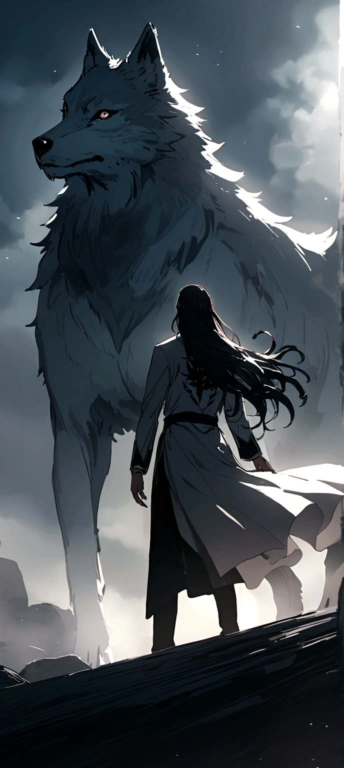 Man with long hair and wolf tattoo.