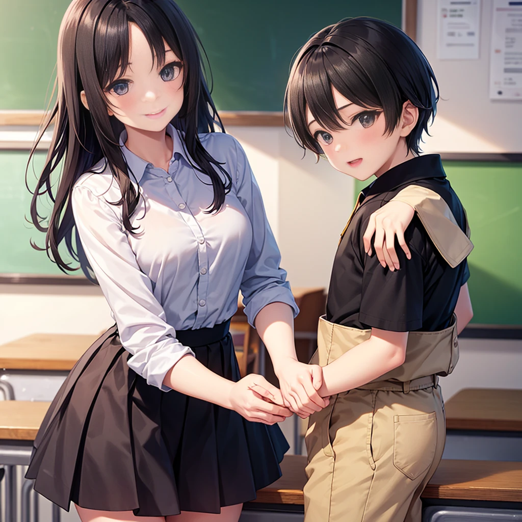 Highest quality,Highest quality,A female elementary school teacher in her 20s and a 6-year-old boy、Tight long skirt、The teacher hugs the boy from behind.、Put your hand in your crotch