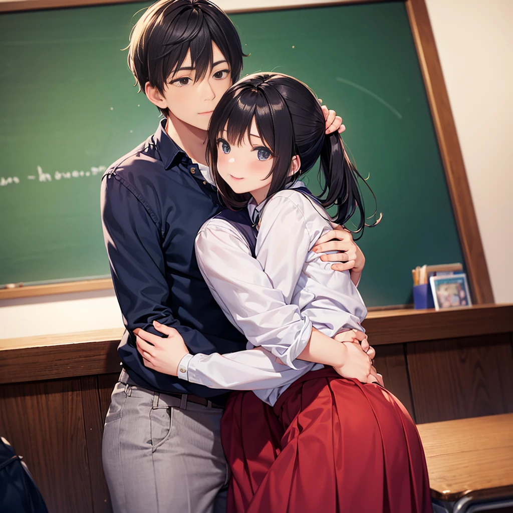 Highest quality,Highest quality,A female elementary school teacher in her 30s and a 6-year-old boy、The teacher is wearing a tight long skirt、The teacher hugs the boy from behind.、Put your hand in your crotch