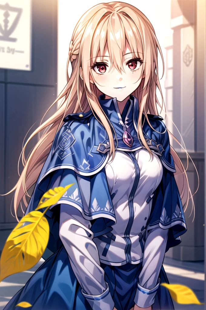 ((masterpiece))、(((Highest quality)))、((Super detailed))、((An illustration))、Attention to detail、Highly detailed CG Unity 8k、High resolution,One girl, hydrangea,Long Hair, alone, Hair between the eyes, smile, Red eyes, Kind eyes,Floating Hair, Blurred background, Blonde, View your viewers, Blurred, Upper Body, very Long Hair, bangs, Shiny hair, leaf, Shiny, Capelet, Blue Cape, Yuina Shirakawa,