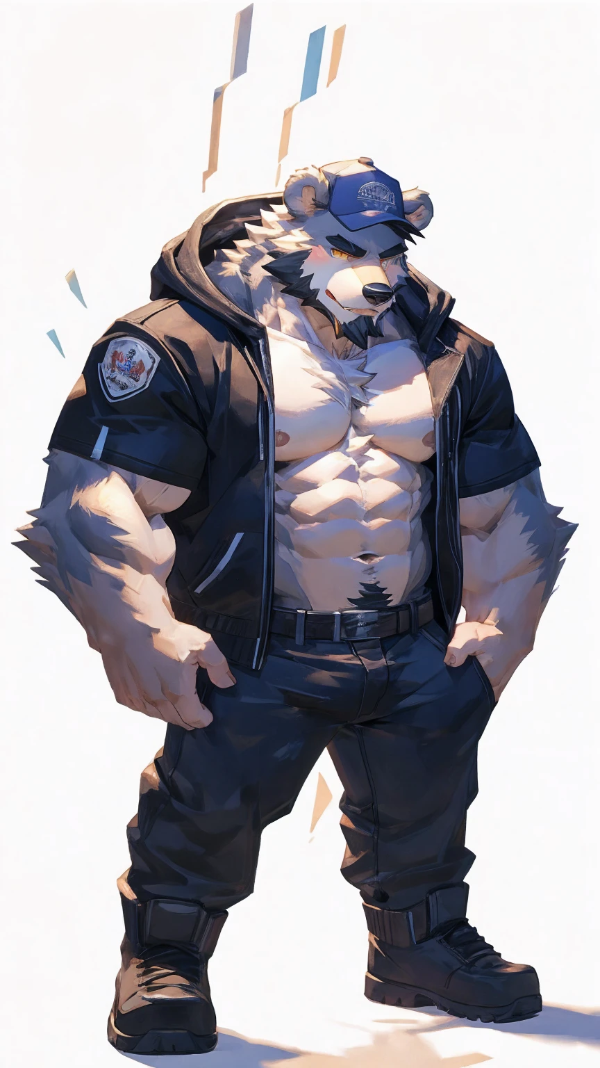 masterpiece:1.2), best quality,pixiv,official art,perfect anatomy, (Ray tracing, light),solo, (1_male:1.3) , (muscle), (grey fur:1.4), (muscle bear), (beard:1.2), (gleaming golden eyes), bear tail, full body, Thick black eyebrows, baseball cap, (open short hoodie), (naked inside),Ripped short jeans, black short boots, (pure white background: 1.3)