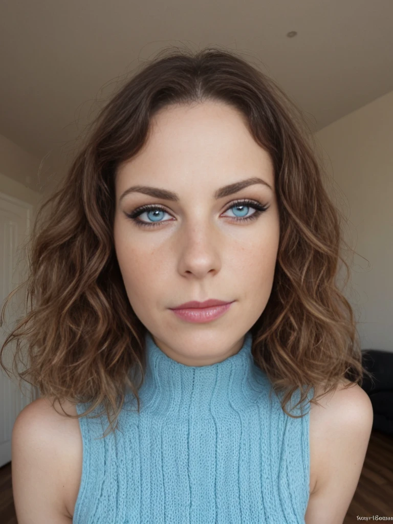 1girl, solo, realistic, anorexia, ((ugly:1.5)), German woman, mature, (35-years-old), (German woman features), curly brunette, (German blue-eyes), long curly hair, hair bobbles, light freckles on cheeks and nose, eye wrinkles, plump lips, (German body), she is Amanda and she has fair skin and light make-up,