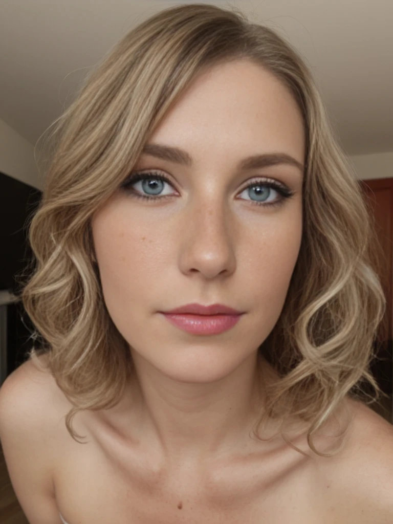 1girl, solo, realistic, anorexia, ((ugly:1.5)), German woman, mature, (35-years-old), (German woman features), curly brunette, (German blue-eyes), long curly hair, hair bobbles, light freckles on cheeks and nose, eye wrinkles, plump lips, (German body), she is Amanda and she has fair skin and light make-up,