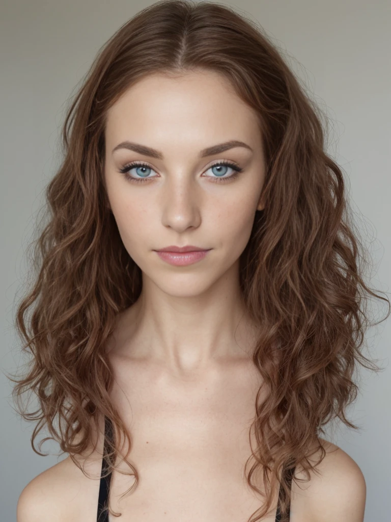 1girl, solo, realistic, anorexia, ((ugly:1.5)), German woman, mature, (35-years-old), (German woman features), curly brunette, (German blue-eyes), long curly hair, hair bobbles, light freckles on cheeks and nose, eye wrinkles, plump lips, (German body), she is Amanda and she has fair skin and light make-up,