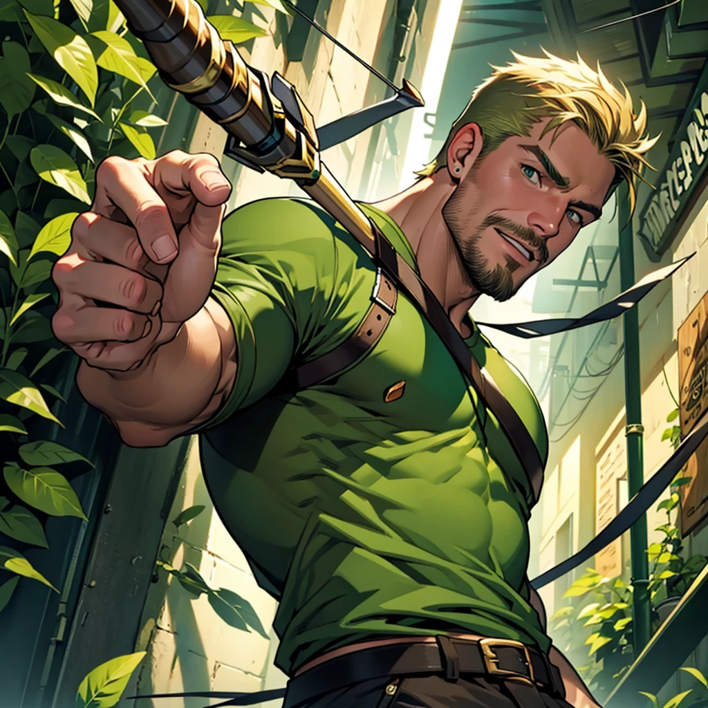 32k, high quality , detailed face , detailed fingers , detailed hands detailed muscles stephen amell as green arrow , wearing dark green outfit , showing a dark blond short hair , a thick facial hair , a thick blond moustache , a bulge ,hunk and handsome, shooting with his bow and arrow toward the ennemy