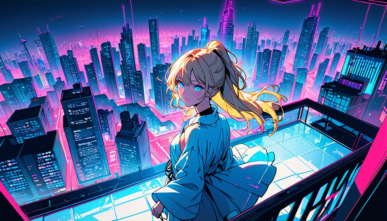 masterpiece,Highest quality,1 Synthwave girl,Blue outline,Neon cityscape,Blue fluorescent paint,solo,From above,Cowboy Shot,Rooftop of a building,Highly detailed CG,Flat Color,Limited palette,Line art,silhouette,Partially colored,Alternate Color,Dynamic Angle,Blonde long hair、Blue long upper champagne,Dark purple shadow,Synth Wave,chromatic aberration,(soloフォーカス)、Perfect Shadow、Wearing an off-the-shoulder floating jacket、Delicate face、、Beautiful and delicate eyes、Delicate background、Blue Neon Light、night、