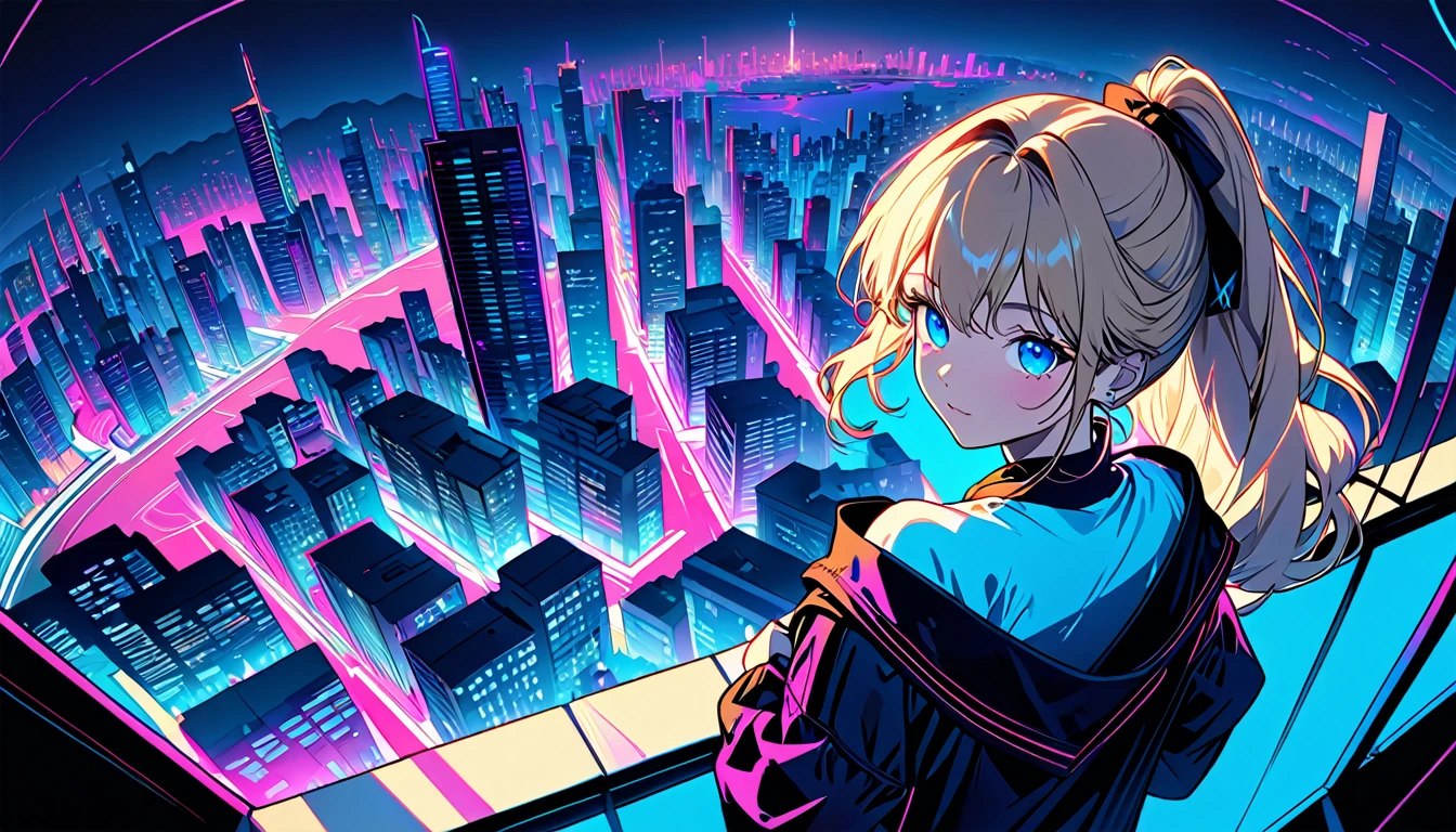 masterpiece,Highest quality,1 Synthwave girl,Blue outline,Neon cityscape,Blue fluorescent paint,solo,From above,Cowboy Shot,Rooftop of a building,Highly detailed CG,Flat Color,Limited palette,Line art,silhouette,Partially colored,Alternate Color,Dynamic Angle,Blonde long hair、Blue long upper champagne,Dark purple shadow,Synth Wave,chromatic aberration,(soloフォーカス)、Perfect Shadow、Wearing an off-the-shoulder floating jacket、Delicate face、、Beautiful and delicate eyes、Delicate background、Blue Neon Light、night、