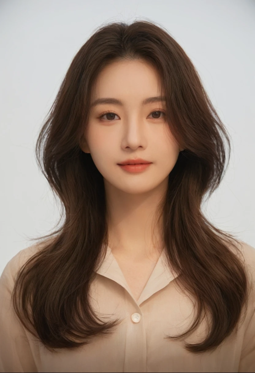 Best Quality, 8k, Masterpiece, (Portrait: 1.3), (photo realistic:1.4), (hyper realistic:1.4), Sharp Focus, looking at viewer, (smoother lighting:1.1), (increase cinematic lighting quality:0.9), realistic lighting, backlighting, light on face, ray trace, (brightening light:1.2), (Increase quality:1.4), sharp detail, (best quality real texture skin:1.4), finely detailed eyes, black_eyes, finely detailed face, 25 year old Korean woman, (white formal_shirt:1.4), (Create an image maintaining the original base model hairstyle:1.5)