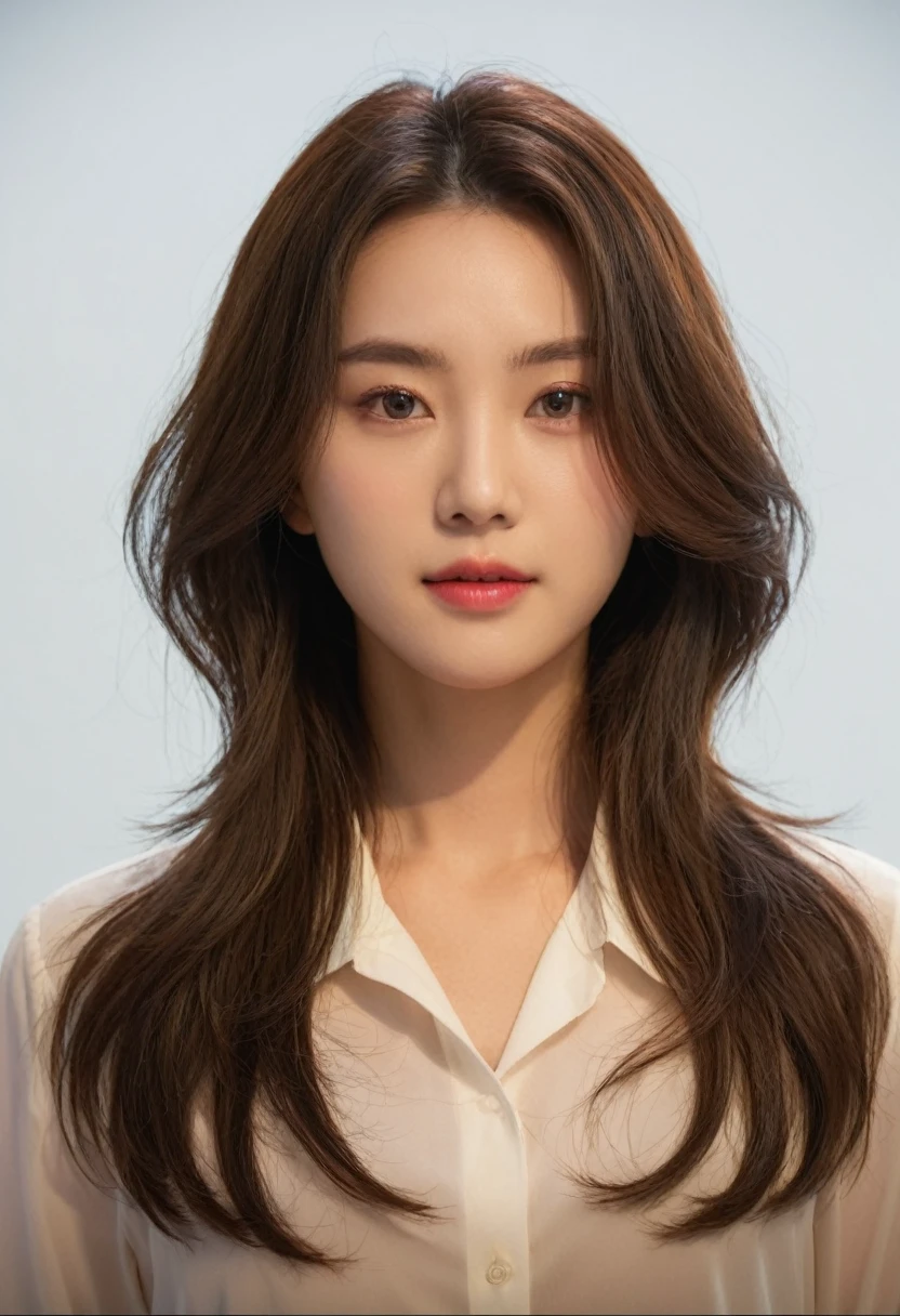 Best Quality, 8k, Masterpiece, (Portrait: 1.3), (photo realistic:1.4), (hyper realistic:1.4), Sharp Focus, looking at viewer, (smoother lighting:1.1), (increase cinematic lighting quality:0.9), realistic lighting, backlighting, light on face, ray trace, (brightening light:1.2), (Increase quality:1.4), sharp detail, (best quality real texture skin:1.4), finely detailed eyes, black_eyes, finely detailed face, 25 year old Korean woman, (white formal_shirt:1.4), (Create an image maintaining the original base model hairstyle:1.5)