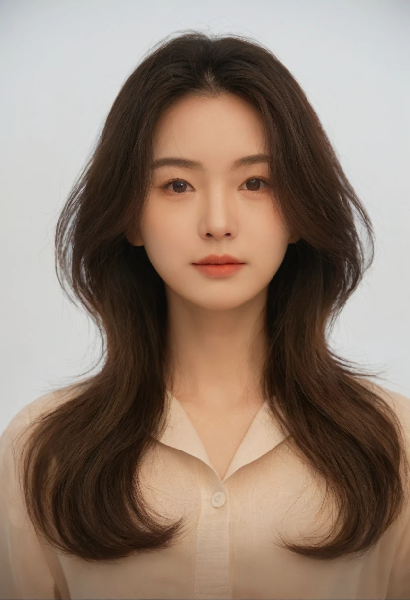 Best Quality, 8k, Masterpiece, (Portrait: 1.3), (photo realistic:1.4), (hyper realistic:1.4), Sharp Focus, looking at viewer, (smoother lighting:1.1), (increase cinematic lighting quality:0.9), realistic lighting, backlighting, light on face, ray trace, (brightening light:1.2), (Increase quality:1.4), sharp detail, (best quality real texture skin:1.4), finely detailed eyes, black_eyes, finely detailed face, 25 year old Korean woman, (white formal_shirt:1.4), (Create an image maintaining the original base model hairstyle:1.5)