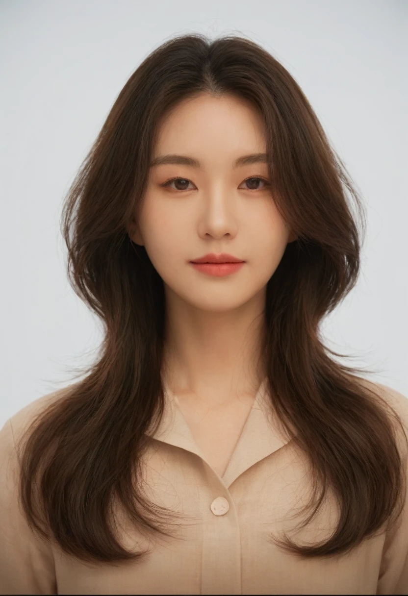 Best Quality, 8k, Masterpiece, (Portrait: 1.3), (photo realistic:1.4), (hyper realistic:1.4), Sharp Focus, looking at viewer, (smoother lighting:1.1), (increase cinematic lighting quality:0.9), realistic lighting, backlighting, light on face, ray trace, (brightening light:1.2), (Increase quality:1.4), sharp detail, (best quality real texture skin:1.4), finely detailed eyes, black_eyes, finely detailed face, 25 year old Korean woman, (white formal_shirt:1.4), (Create an image maintaining the original base model hairstyle:1.5)