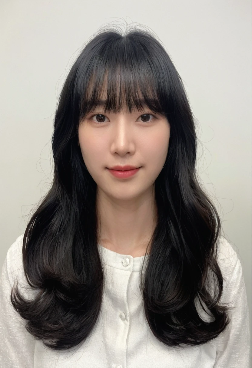 Best Quality, 8k, Masterpiece, (Portrait: 1.3), (photo realistic:1.4), (hyper realistic:1.4), Sharp Focus, looking at viewer, (smoother lighting:1.1), (increase cinematic lighting quality:0.9), realistic lighting, backlighting, light on face, ray trace, (brightening light:1.2), (Increase quality:1.4), sharp detail, (best quality real texture skin:1.4), finely detailed eyes, black_eyes, finely detailed face, 25 year old Korean woman, (white formal_shirt:1.4), (Create an image maintaining the original base model hairstyle:1.5)