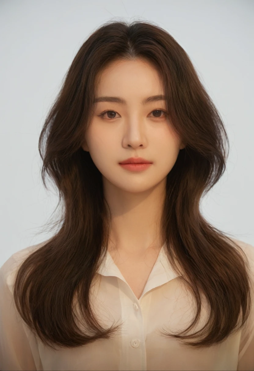 Best Quality, 8k, Masterpiece, (Portrait: 1.3), (photo realistic:1.4), (hyper realistic:1.4), Sharp Focus, looking at viewer, (smoother lighting:1.1), (increase cinematic lighting quality:0.9), realistic lighting, backlighting, light on face, ray trace, (brightening light:1.2), (Increase quality:1.4), sharp detail, (best quality real texture skin:1.4), finely detailed eyes, black_eyes, finely detailed face, 25 year old Korean woman, (white formal_shirt:1.4), (Create an image maintaining the original base model hairstyle:1.5)